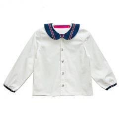 BURU Pink Label Clothing Nat Note Children's Peter Pan Collar Shirt - White Poplin & Pinstripe - Final Sale