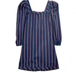BURU Pink Label Clothing Nat Note Long Sleeve Square Neck Mini Dress - Navy & Red Stripe