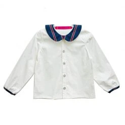 BURU Pink Label Clothing Nat Note Children's Peter Pan Collar Shirt - White Poplin & Pinstripe - Final Sale
