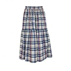 BURU Pink Label Nat Note Reversible Tiered Skirt - Navy Plaid & Oxford Pinstripe Bottoms