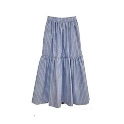BURU Pink Label Nat Note Reversible Tiered Skirt - Navy Plaid & Oxford Pinstripe Bottoms
