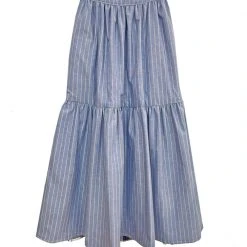 BURU Pink Label Nat Note Reversible Tiered Skirt - Navy Plaid & Oxford Pinstripe Bottoms