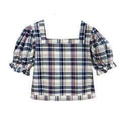 BURU Pink Label Nat Note Square Neck Puff Sleeve Top - Navy Plaid