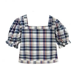 BURU Pink Label Nat Note Square Neck Puff Sleeve Top - Navy Plaid