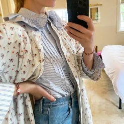 BURU Pink Label Ruffle Collar Blouse - Blue & White Oxford Stripe