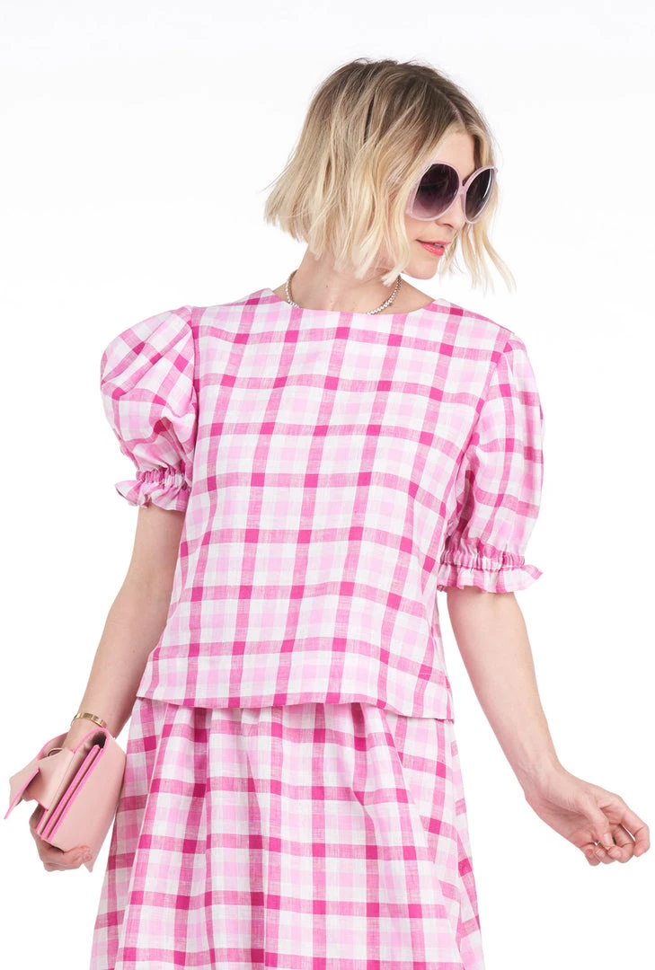 BURU Pink Label Puff Sleeve Top - Pink Gingham Linen Tops 5 BURU Pink Label Puff Sleeve Top - Pink Gingham Linen Tops