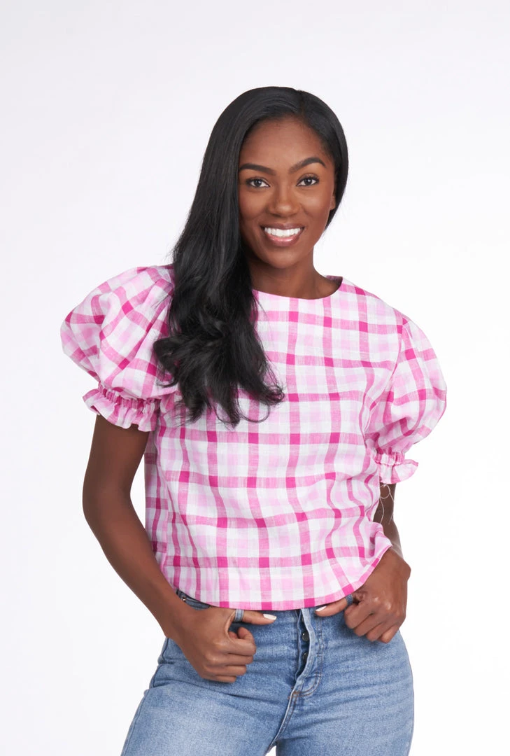 BURU Pink Label Puff Sleeve Top - Pink Gingham Linen Tops 4 BURU Pink Label Puff Sleeve Top - Pink Gingham Linen Tops