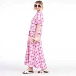 BURU Pink Label Puff Sleeve Top - Pink Gingham Linen Tops 16 BURU Pink Label Puff Sleeve Top - Pink Gingham Linen Tops