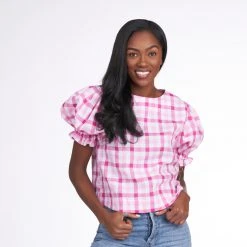 BURU Pink Label Puff Sleeve Top - Pink Gingham Linen Tops 15 BURU Pink Label Puff Sleeve Top - Pink Gingham Linen Tops