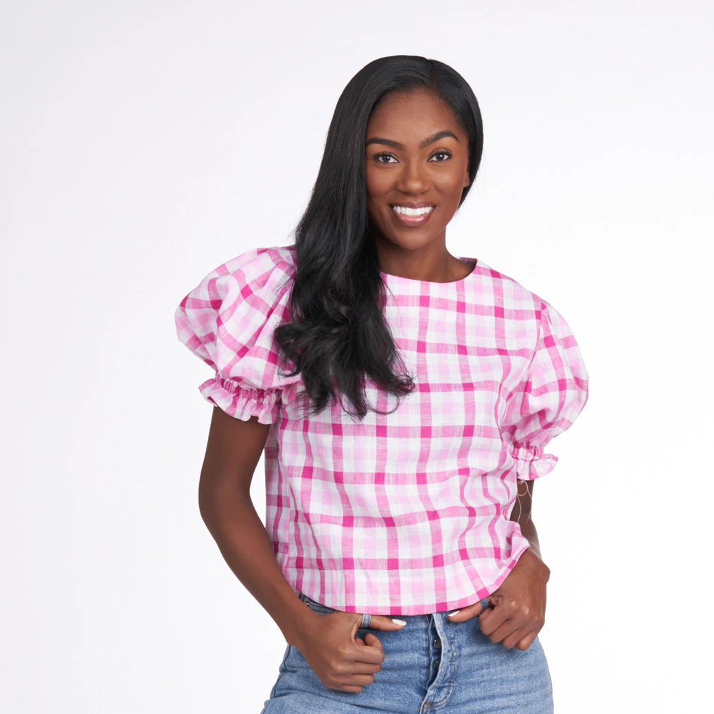 BURU Pink Label Puff Sleeve Top - Pink Gingham Linen Tops 8 BURU Pink Label Puff Sleeve Top - Pink Gingham Linen Tops