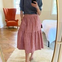 BURU Pink Label Reversible Tiered Skirt - Pink Pinstripe & Rose Jacquard Bottoms 18 BURU Pink Label Reversible Tiered Skirt - Pink Pinstripe & Rose Jacquard Bottoms