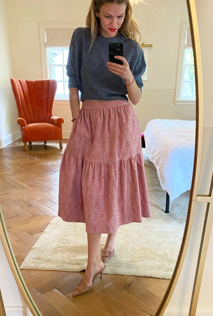 BURU Pink Label Reversible Tiered Skirt - Pink Pinstripe & Rose Jacquard Bottoms 9 BURU Pink Label Reversible Tiered Skirt - Pink Pinstripe & Rose Jacquard Bottoms