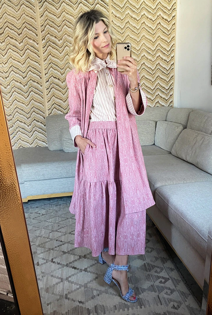 BURU Pink Label Reversible Tiered Skirt - Pink Pinstripe & Rose Jacquard Bottoms 7 BURU Pink Label Reversible Tiered Skirt - Pink Pinstripe & Rose Jacquard Bottoms