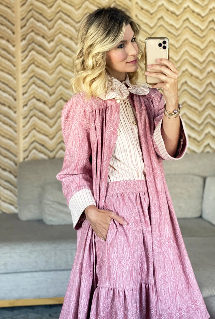 BURU Pink Label Tops Reversible Car Coat - Rose Jacquard & Pink Pinstripe 5 BURU Pink Label Tops Reversible Car Coat - Rose Jacquard & Pink Pinstripe