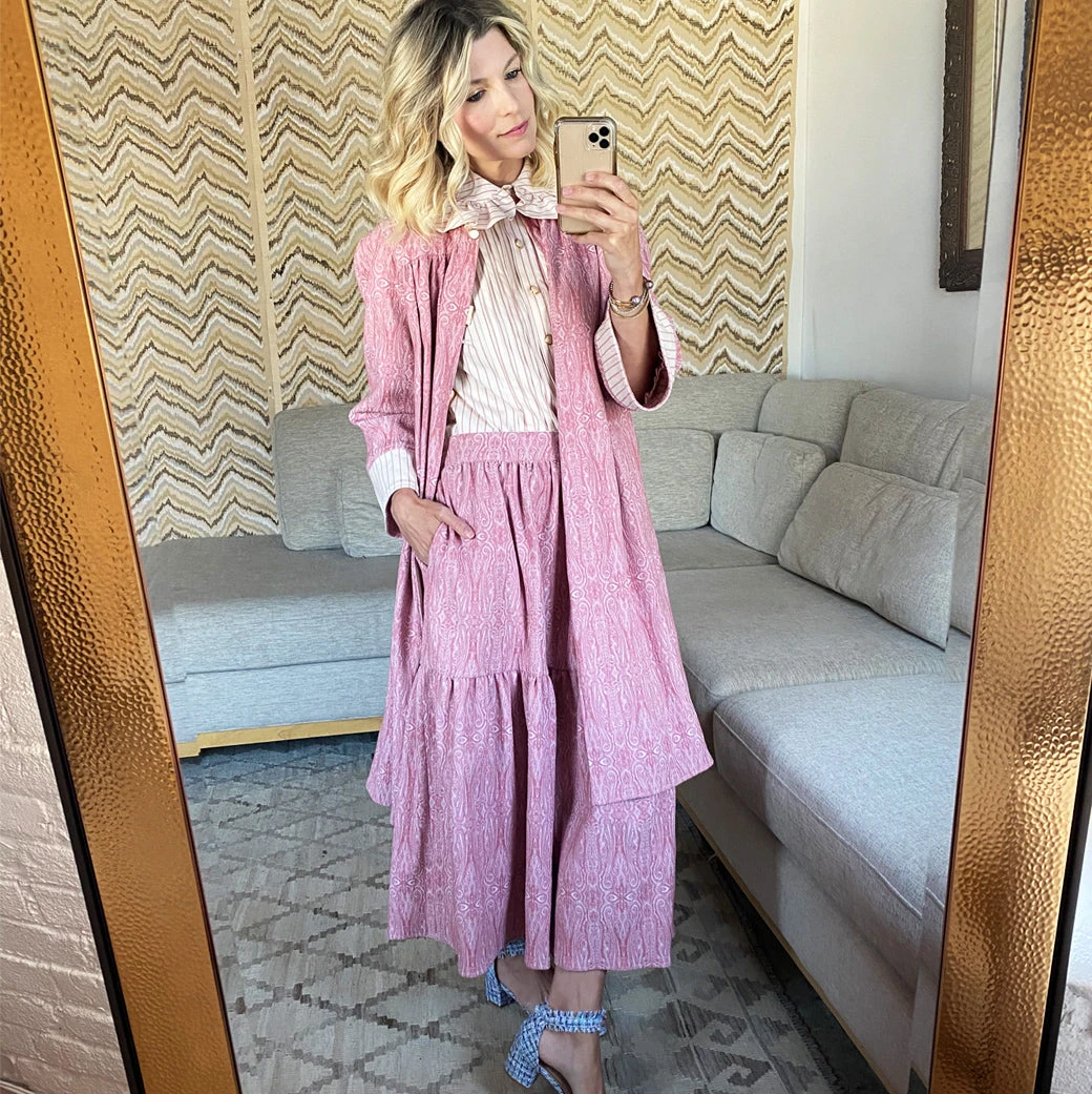 BURU Pink Label Reversible Tiered Skirt - Pink Pinstripe & Rose Jacquard Bottoms 11 BURU Pink Label Reversible Tiered Skirt - Pink Pinstripe & Rose Jacquard Bottoms