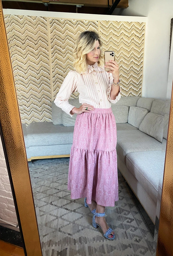 BURU Pink Label Reversible Tiered Skirt - Pink Pinstripe & Rose Jacquard Bottoms 6 BURU Pink Label Reversible Tiered Skirt - Pink Pinstripe & Rose Jacquard Bottoms