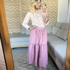 BURU Pink Label Ruffle Collar Blouse - Pink Pinstripe