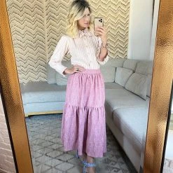 BURU Pink Label Reversible Tiered Skirt - Pink Pinstripe & Rose Jacquard Bottoms 21 BURU Pink Label Reversible Tiered Skirt - Pink Pinstripe & Rose Jacquard Bottoms