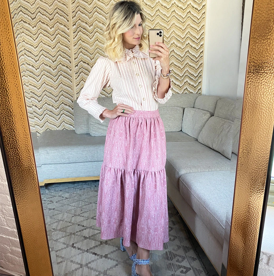 BURU Pink Label Reversible Tiered Skirt - Pink Pinstripe & Rose Jacquard Bottoms 12 BURU Pink Label Reversible Tiered Skirt - Pink Pinstripe & Rose Jacquard Bottoms