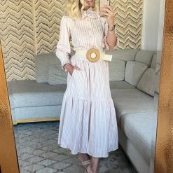 BURU Pink Label Ruffle Collar Blouse - Pink Pinstripe