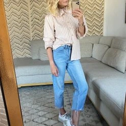 BURU Pink Label Ruffle Collar Blouse - Pink Pinstripe