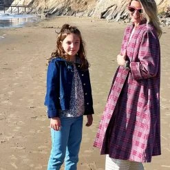 BURU Pink Label Swing Coat Knee Length - Pink Plaid Corduroy