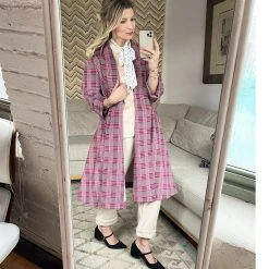 BURU Pink Label Swing Coat Knee Length - Pink Plaid Corduroy