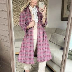 BURU Pink Label Swing Coat Knee Length - Pink Plaid Corduroy
