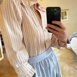 BURU Pink Label Ruffle Collar Blouse - Pink Pinstripe
