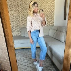 BURU Pink Label Ruffle Collar Blouse - Pink Pinstripe