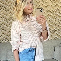 BURU Pink Label Ruffle Collar Blouse - Pink Pinstripe