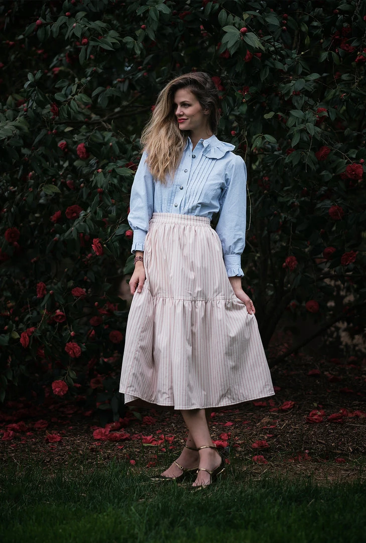 BURU Pink Label Reversible Tiered Skirt - Pink Pinstripe & Rose Jacquard Bottoms 5 BURU Pink Label Reversible Tiered Skirt - Pink Pinstripe & Rose Jacquard Bottoms