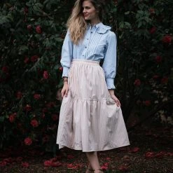 BURU Pink Label Ruffle Collar Blouse - Blue & White Oxford Stripe