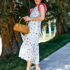 BURU Pink Label Placket Front Ruffle Maxi Dress - Blue Floral