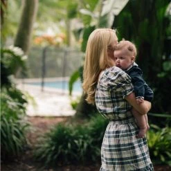 BURU Pink Label Nat Note Square Neck Puff Sleeve Top - Navy Plaid