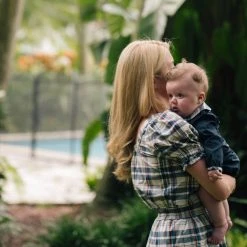 BURU Pink Label Nat Note Square Neck Puff Sleeve Top - Navy Plaid