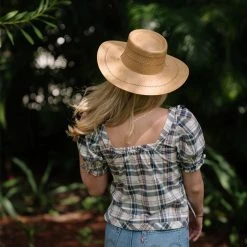 BURU Pink Label Nat Note Square Neck Puff Sleeve Top - Navy Plaid