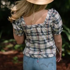 BURU Pink Label Nat Note Square Neck Puff Sleeve Top - Navy Plaid