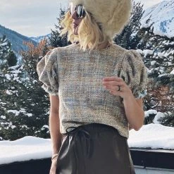 BURU Pink Label Tops Puff Sleeve Top - Taupe Tweed