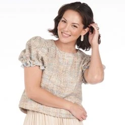 BURU Pink Label Tops Puff Sleeve Top - Taupe Tweed