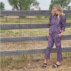 BURU White Label Peplum Puff Sleeve Button Down - Purple Cheetah