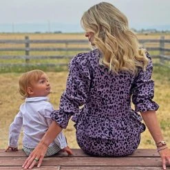 BURU White Label Peplum Puff Sleeve Button Down - Purple Cheetah