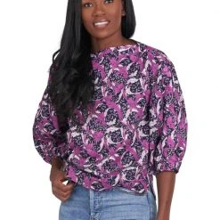 BURU White Label Button Sleeve Blouse - Purple Floral - Final Sale