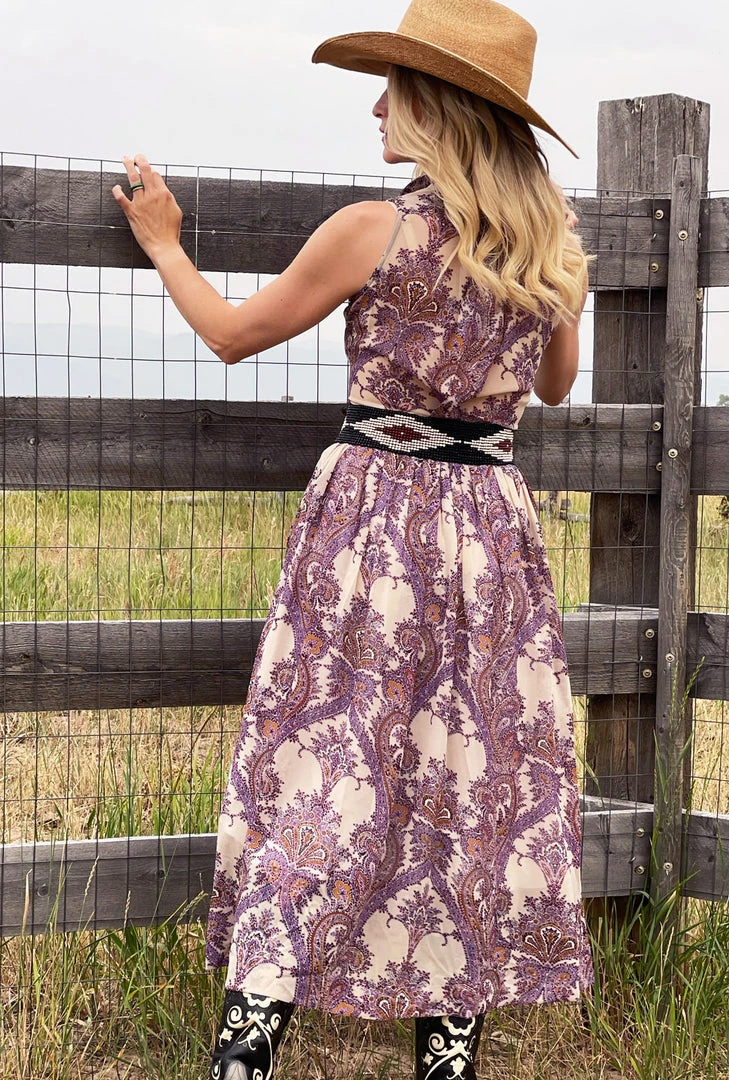 BURU White Label Sleeveless Shirtdress - Purple Paisley Clothing 5 BURU White Label Sleeveless Shirtdress - Purple Paisley Clothing