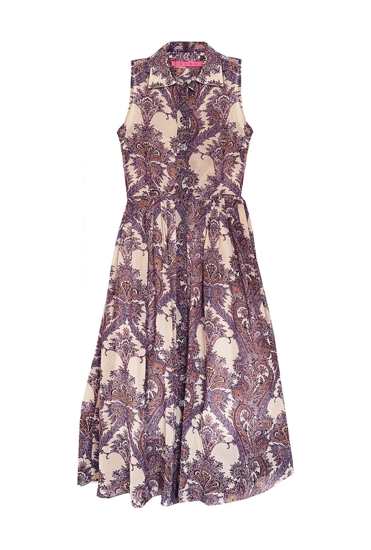 BURU White Label Sleeveless Shirtdress - Purple Paisley Clothing 3 BURU White Label Sleeveless Shirtdress - Purple Paisley Clothing