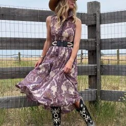 BURU White Label Sleeveless Shirtdress - Purple Paisley Clothing 13 BURU White Label Sleeveless Shirtdress - Purple Paisley Clothing