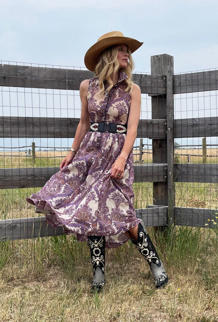 BURU White Label Sleeveless Shirtdress - Purple Paisley Clothing 4 BURU White Label Sleeveless Shirtdress - Purple Paisley Clothing