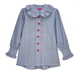 BURU Pink Label Ruffle Collar Blouse - Blue And Red Oxford