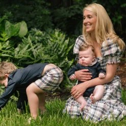 BURU Pink Label Nat Note Reversible Tiered Skirt - Navy Plaid & Oxford Pinstripe Bottoms