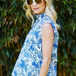 BURU White Label Tops Sleeveless Mod Top - Blue Leaves